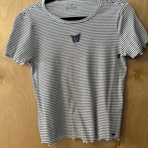 Hollister Navy and White Striped Tee with Butterfly Patch